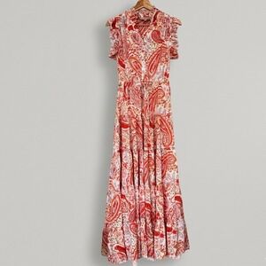Pinch Women Red Pink Paisley Tiered Maxi Dress Ruffle Flutter Sleeve Small